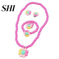 Flower Artificial Pearls Kids Girls Earrings Bracelet Necklace Ring Jewelry Set rožinė raudona spalva