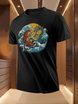 Dragon & Tiger Embroidered Graphic - Vibrant Blue & Orange Design T-shirt S įvairiaspalvis