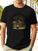 Tribal  Paradies  Graphic T-shirt - Vibrant Blue Casual Summer Short Sleeve Tee with Skull & Palm Tree Design S įvairiaspalvis