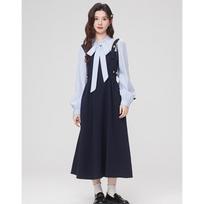 Autumn design feeling waist and thin fake two-piece faculty interview long-sleeved dress S tamsiai mėlyna