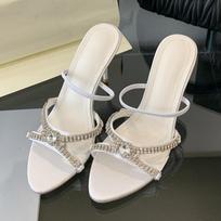 Fashion Liyke Summer Woman Slipper Fashion Crystal Rhinestone Open Toe Thin Heels Shoes Street Style Stripper Party Slides Zapatos Mujer 35 balta