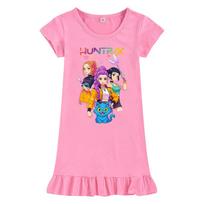M1233 Kids Girls Kpop Rumi Zoey Mira Print Short Sleeves Ruffle Dress 100cm rožinė