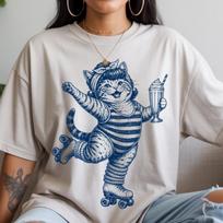 Funny CaT shirt, Roller Skating Cat Tee, Comfort Colors Retro 80s CaT shirt, Cat Lover Gift, Milkshake Cat T shirt L