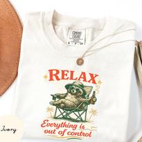 Comfort Colors Raccoon Relax T-Shirt, Funny Camping Animal Tee, Sarcastic Animal Lover Gift, Chill Vibes Shirt Nothing Under Control Quote L