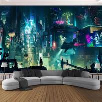 Cyberpunk Night City View Neon Lights Wall Tapestry Anime Landscape Skyline Hanging Aesthetic Art Print Room Decor 100X70CM