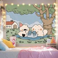 Cute Dog Tapestry Cartoon Wall Hanging Puppy Picnic Party with Gift Box Design for Bedroom Dorm Room Aesthetic Decor 100X70CM