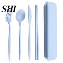 Cutlery Set 4Pcs/Set Reusable Portable Plastic with Storage Box Students Utensils Spoon Fork Cutter Chopsticks Tableware for Outdoor Travel mėlyna