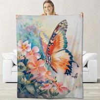 Vibrant Butterfly and Flower Design Flannel Printed Blanket Suitable for All Seasons Suitable for Living Room Office Sofa Travel 75X95CM