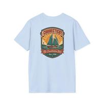 Connecticut Retro Travel Badge T-Shirt | Vintage Mid-Century Sailboat Tee | CT Constitution State Souvenir Gift XL