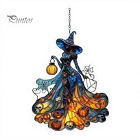 Decorative Chain Hanging Witch Acrylic Suncatcher, Stained Glass Effect Window Car Ornament, Gothic Scary Art with Pumpkin Lantern Sun Catcher A
