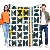 Mid-Century Modern Geometric Abstract Fleece Blanket Navy Yellow Soft Warm Cozy Throw for Sofa Bed Stylish Living Room Decor Gif Size: 75*100cm, Weight: 230 GSM