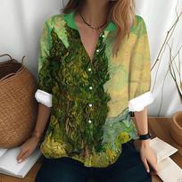 Women's Fashion Long Sleeved Shirt Van Gogh Oil Painting Printed Pattern T-shirt Loose Button Top Clothing Party Trend Shirt S