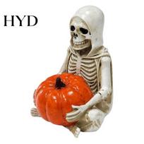 Grim Reaper Figurine Skeleton Holding Pumpkin Figurine, Resin Statue, Halloween Gothic Shelf Decor Spooky Table Ornament, Trick or Treat