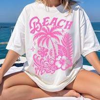 Beach Vibes Shirt, Tropical Summer Tee, Pink Palm Tree Graphic T Shirt, Hawaiian Vacation Beach Shirt, Cute Coastal Vacation Gift 4XL