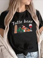 Tutto Bene Italy T Shirt Women Italian Vacation Graphic Tee Funny Pisa Tower Gelato Wine Print Summer Short Sleeve Travel Top S juoda