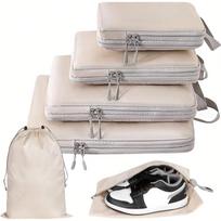 4/6 pcs Compressible Packing Travel Storage Bag Cubes Waterproof Suitcase Nylon Portable With Handbag Luggage Organizer Ryanai 4 pcs smėlis