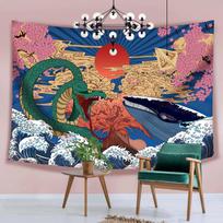 Japanese Tapestry Wall Hanging Anime Tapestry Trippy Whale Snake Wall Art Ukiyo-e Ocean Wave Sun Wall Tapestry Room Decoration 100X70CM