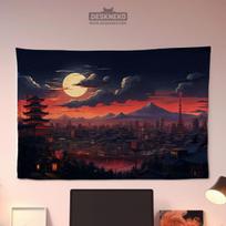 Anime Style Tokyo Night Scene Tapestry Fuji Mountain Sunset and Wind Background Cloth Atmosphere Room Decoration 100X70CM