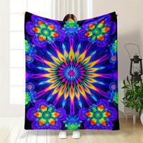 A Vibrant, Symmetrical Floral Mandala with Neon Colors and Glowing Petals. for All Seasons Blanket Lunch Break Throw Gift 75X95CM