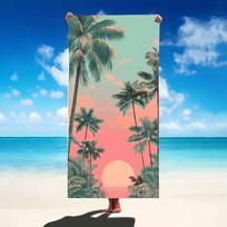 Gradient Sunset Palm Tree Retro Ocean Landscape Print Microfiber Quick Dry Vintage Tropical Sunset Outdoor Beach Towel 50x100cm