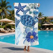 Blue Watercolor Underwater Life Beach Towel Turtle Octopus and Seahorse Print Towel for Beach Lovers This Summer 50x100cm