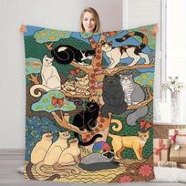 1pc Vibrant Tree & Cartoon Cats Print Flannel Blanket - Soft, Warm, All-Season Gift for Home, Office, Travel - Ideal Holiday & B Size: 75*100cm, Weight: 230 GSM