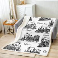 Retro Train Throw Blanket Steam Locomotive Blanket for Kids Bedroom Decor Brown White Sherpa Fleece Blanket for ChairSofa x Size: 75*100cm, Weight: 230 GSM