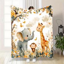 Elephant Monkey Giraffe Flannel Blanket, Versatile Soft Warm for Sofa Bed Car Office Camping, All-Season Gift Idea Size: 75*100cm, Weight: 230 GSM