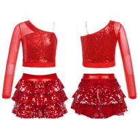 Kids Girls Dance Stage Performance Costume Sparkly Sequins Long Sleeve One Shoulder Top with Tiered Ruffle Skirted Shorts 5-6 Years raudona