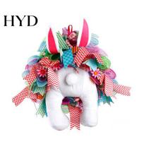 Handmade Easter Wreath Bunny with Floppy Ears & Colorful Ribbon Plush Front Door Hanging Spring Festival Party Decoration A