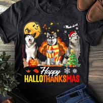 Husky Dog Happy Hallothanksmas Halloween Thanksgiving Xmas Husky T-Shirt - Gift for Dog Lovers - Funny Dog - Husky Lovers - Mother's Day L