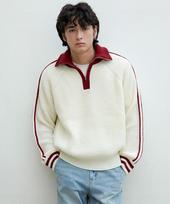 Nod You High-Neck Half-Zip Track Line Contrast Collar Hacci Knit [Ivory] M