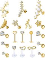 19Pcs Cartilage CZ Stud Earrings Conch Forward Helix Tragus Daith Piercing Lip Rings Snake Heart Butterfly Jewelry Gold Tone auksas