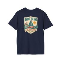 Rhode Island Sailboat T-Shirt | Vintage Mid-Century Travel Luggage Tag Tee | Ocean State Souvenir | RI Road Trip Gift L