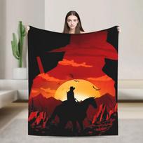 Vintage Western Cowboy Double Exposure Sunset Mountain Flannel Blanket, Red Orange Desert Cactus Horse Rider Silhouette Soft Fle Size: 75*100cm, Weight: 230 GSM