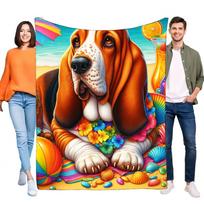 Vibrant Basset Hound Beach Blanket Colorful Throw with Floral Garland, Whimsical Design, Perfect for Summer Picnics and Cozy Bea Size: 75*100cm, Weight: 230 GSM