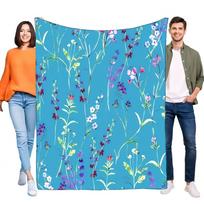 Soft Flannel Blue Wildflower Blanket, Vibrant Botanical Floral Cozy Lightweight Throw for Bed Sofa Living Room, Chic Home Decor Size: 75*100cm, Weight: 230 GSM
