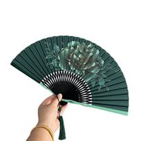 Bamboo Frame Mini Shell Fan Peony Flower Dance Fan Creative Retro Handheld Fan  Hanfu Cheongsam žalia