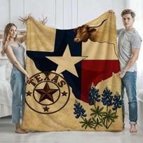 Texas Flag-Themed Bull & Bluebonnet Soft Blanket, Flannel Throw for Couch Bed Travel Office, Multiple Sizes Fall Gift Size: 75*100cm, Weight: 230 GSM