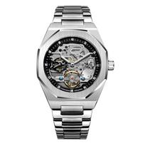 Vyriškas analoginis automatinis mechaninis laikrodis su „Tourbillon“ dizainu, nerūdijančio plieno apyranke, skeletu, sidabro-juodas