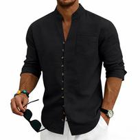 Mens Stand Collar Solid Color Loose Casual Long Sleeve Shirt S juoda