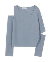 Deviper Diagonal Line Cut-Out Sleeve Top_Blue Os/Free