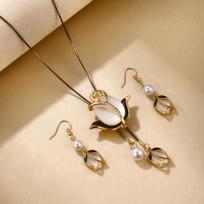 Elegant Vintage Tulip Earrings and Necklace Three-Piece Set,Cat's Eye Stone Sweater Chain for Women,Light Luxury Niche