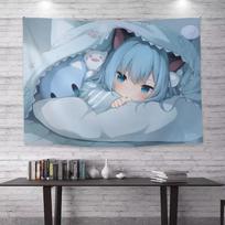 1pc Cute Blue Nekomusume Tapestry Wall Hanging Decor for Bedroom Dorm Party Room Stuff Aesthetic Wall Art Great Gift For Friend 100X70CM