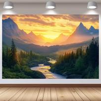 1pc Serene Mountain Landscape Tapestry  Vibrant Sunset Sky  Lush Forest Wall Hanging Polyester Material Perfect for Room Dec 100X70CM