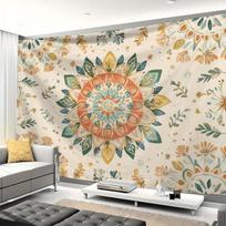 1 Bohemian Mandala Wall Tapestry - Vibrant Floral Print Design In Orange, Blue, Green and Yellow, Polyester Fabric for Bedroom 100X70CM