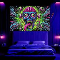 Psychedelic Neon Skull Tapestry Trippy Monster Wall Hanging Cyberpunk Gothic Room Decor Aesthetic Bedroom Background 100X70CM