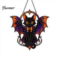 Indoor Outdoor Holiday Accents Halloween Bat Cat Suncatcher, Stained Glass Style Acrylic Sun Catcher, Gothic Art Black Hanging Ornament for juoda