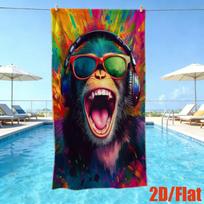 2D Flat Open Mouth Monkey With Headphones Microfiber Beach Towel Sand Free Absorbent Towel For Travel Beach Camping Hot Spring 50x100cm