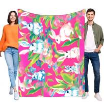 Cute Vibrant Pink Bunny Floral Flannel Throw Blanket Soft Cozy Warm Lightweight for Sofa Bed Couch Kids Adults Home Decor Gift Size: 75*100cm, Weight: 230 GSM